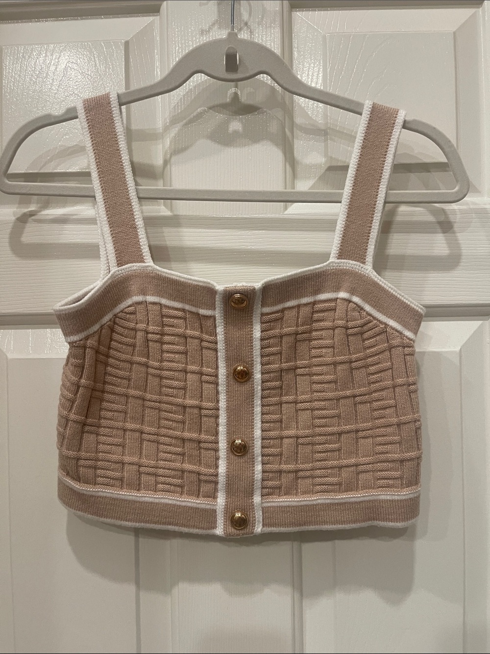 Beige Knit Button-Front Cropped Tank with White Trim S:M